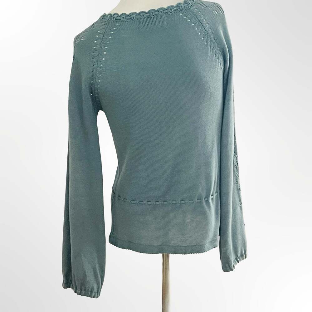 Vintage Beewear Boho Sage Green Pointelle Knit Tie-Front Peplum Top - Picture 4 of 8